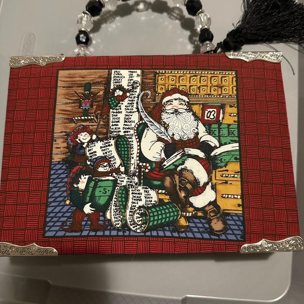Santa Cigar Leopard Print Wooden Box Purse with Beaded Handle and shoulder strap